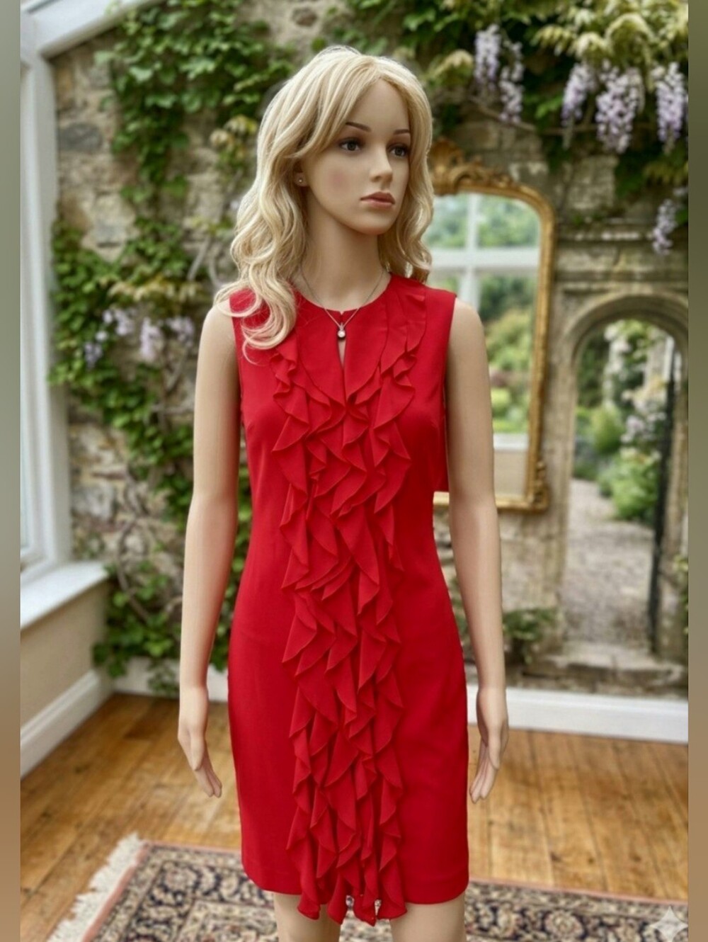 Calvin Klein red ruffle front sleeveless sheath Dress Size 4